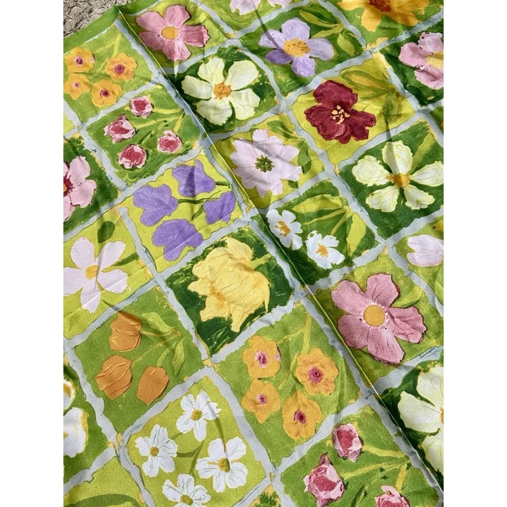 Women Floral Square Scarf Silky Satin Neck Head Wrap Bandana Green Flower Tile